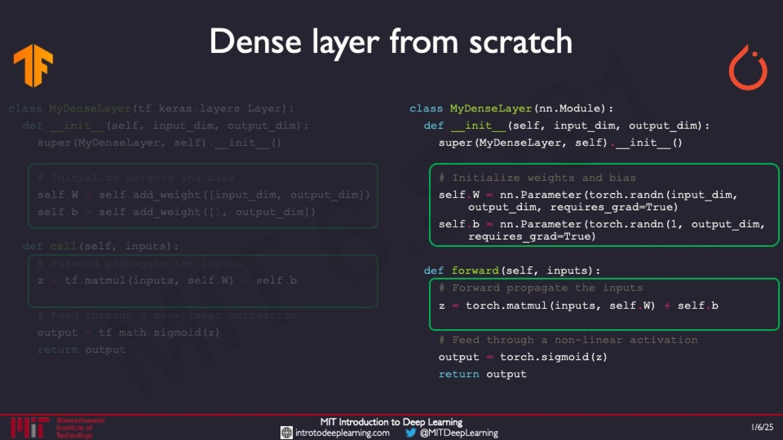 从零实现 Dense 层：TensorFlow（左）与 PyTorch（右）代码对比