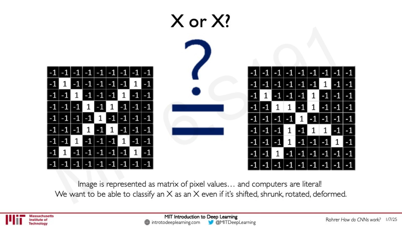 X or X? 图像以像素矩阵表示，但计算机是逐像素比较的——即使是同一个"X"，经过位移后像素值矩阵完全不同。