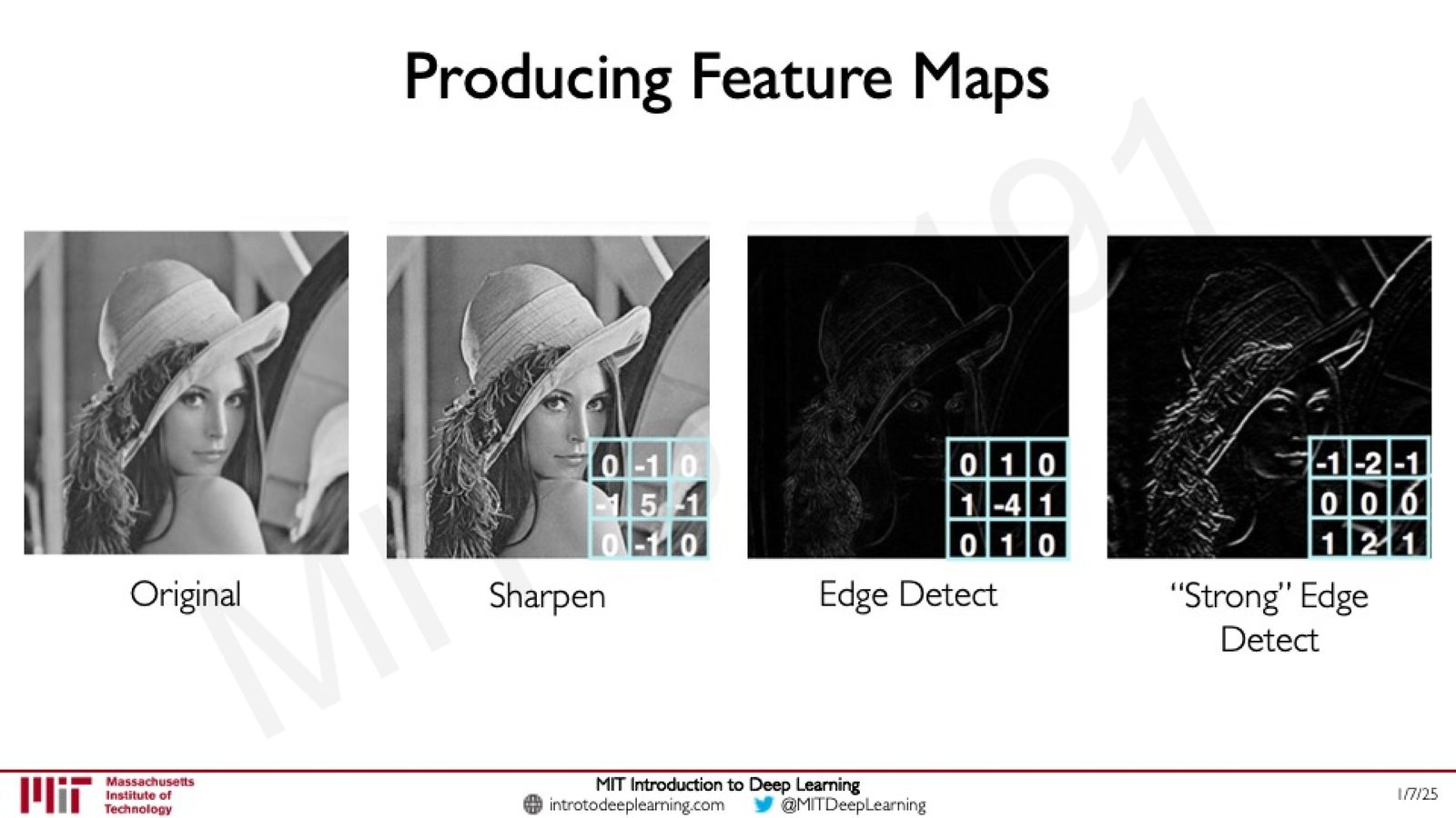 不同滤波器产生不同效果：锐化（Sharpen）、边缘检测（Edge Detect）和强边缘检测（Strong Edge Detect）。