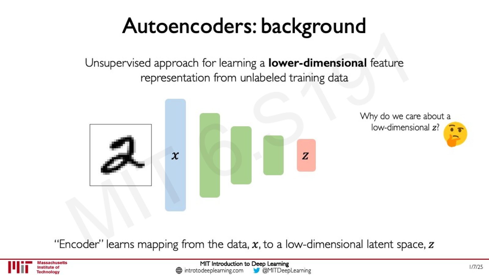 Autoencoder：编码器将数据 \(x\) 映射到低维隐空间 \(z\)