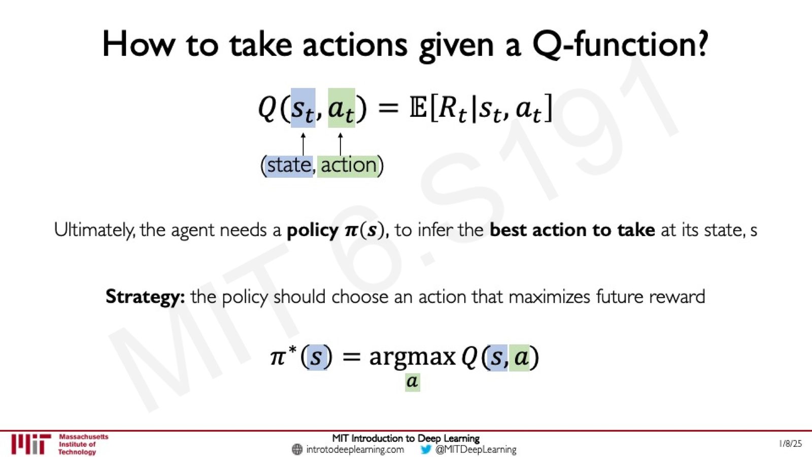 如何利用 Q-function 制定策略：选择使 \(Q(s,a)\) 最大的动作