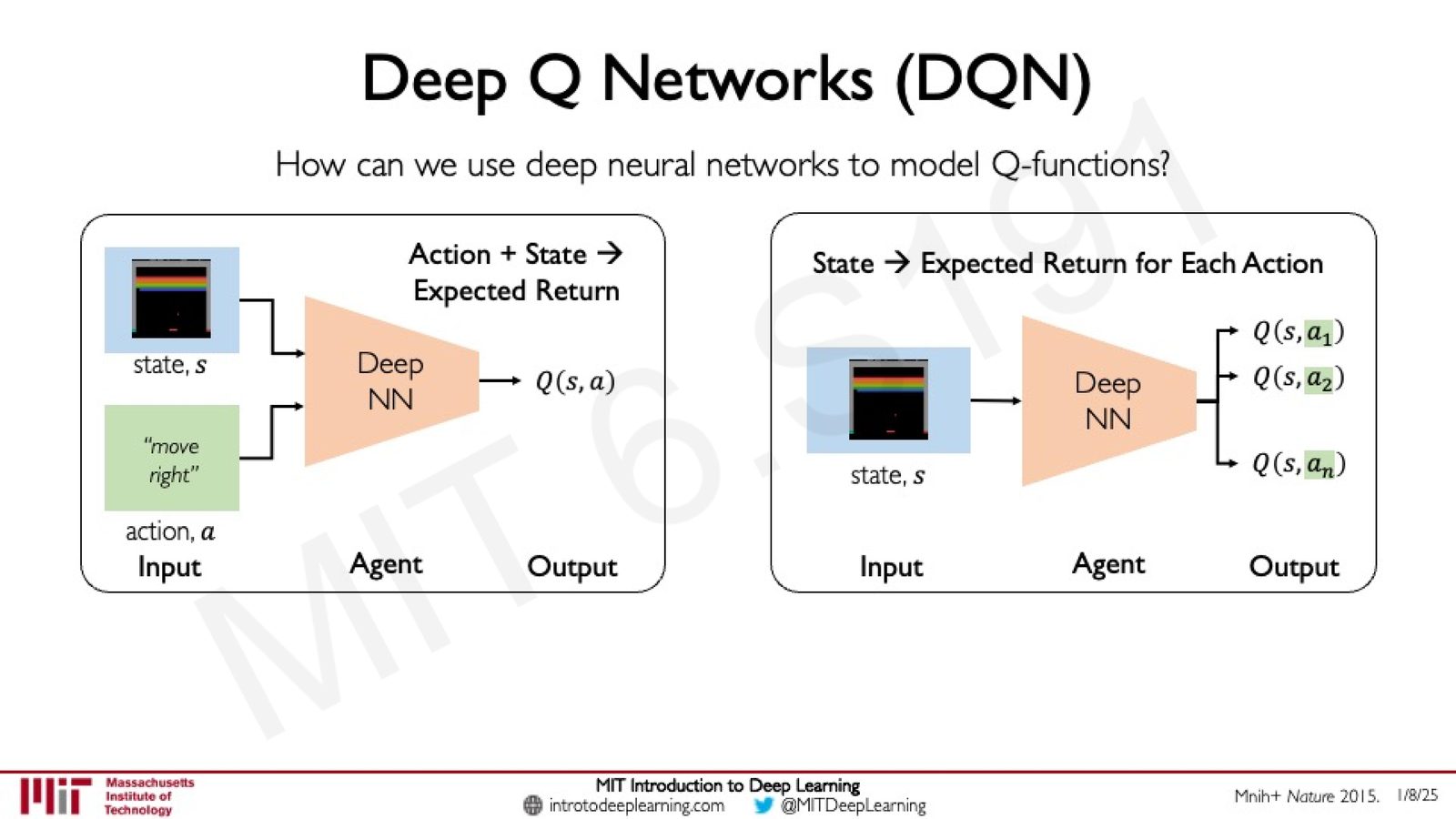 DQN 的两种架构：左侧为 (state, action) \(→\) Q-value，右侧为 state \(→\) 所有动作的 Q-value
