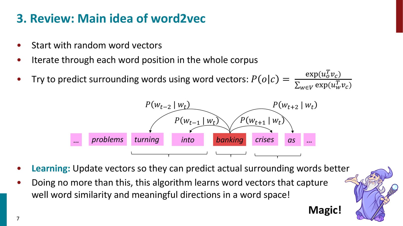 Word2Vec 核心思想：以 banking 为中心词，预测上下文词 problems、turning、into、crises 等的概率