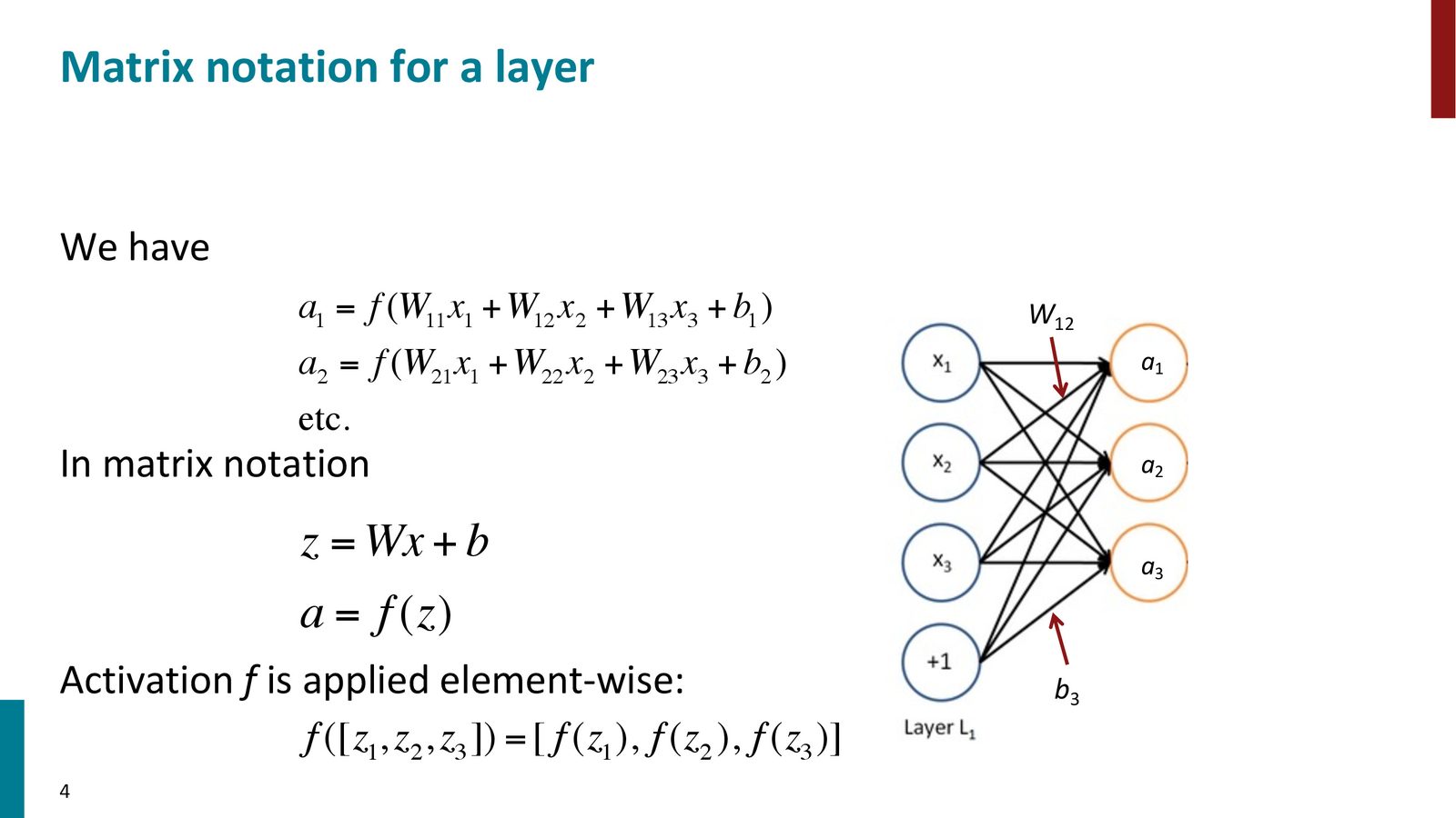 单层计算的矩阵表示：\(z = Wx + b\)，然后 \(a = f(z)\)，其中 \(f\) 是逐元素应用的激活函数