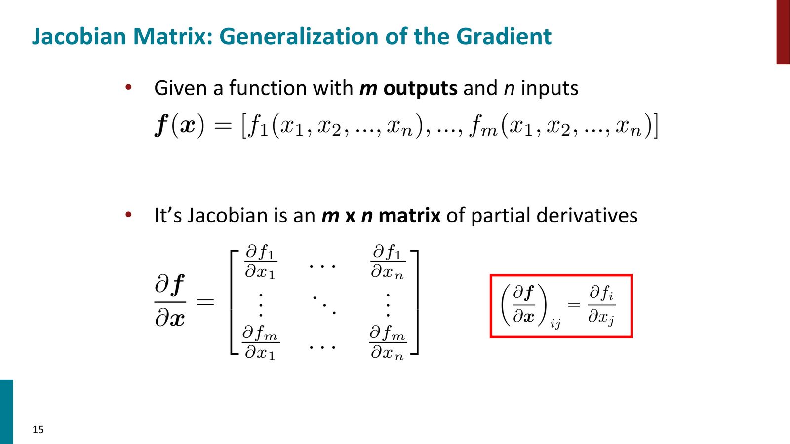 Jacobian 矩阵的定义：\(m\) 个输出对 \(n\) 个输入的偏导数排列成 \(m × n\) 矩阵