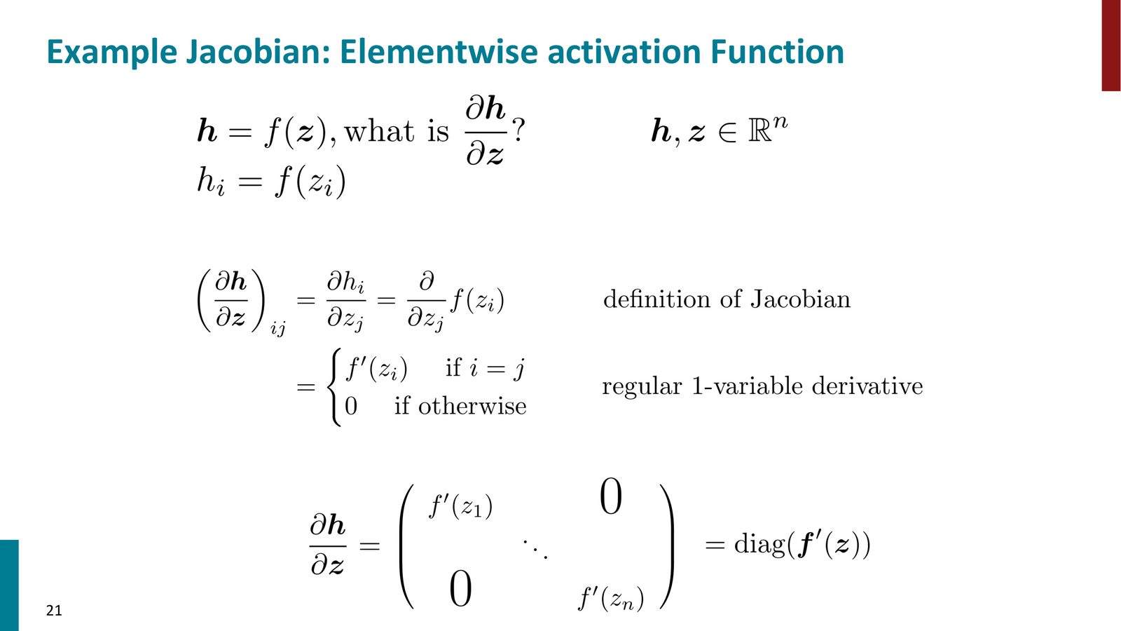 逐元素激活函数的 Jacobian：\(h/z = diag(f'(z))\)，是对角矩阵