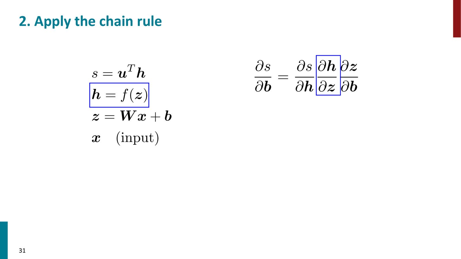 应用链式法则：\(s/b = s/h · h/z · z/b\)