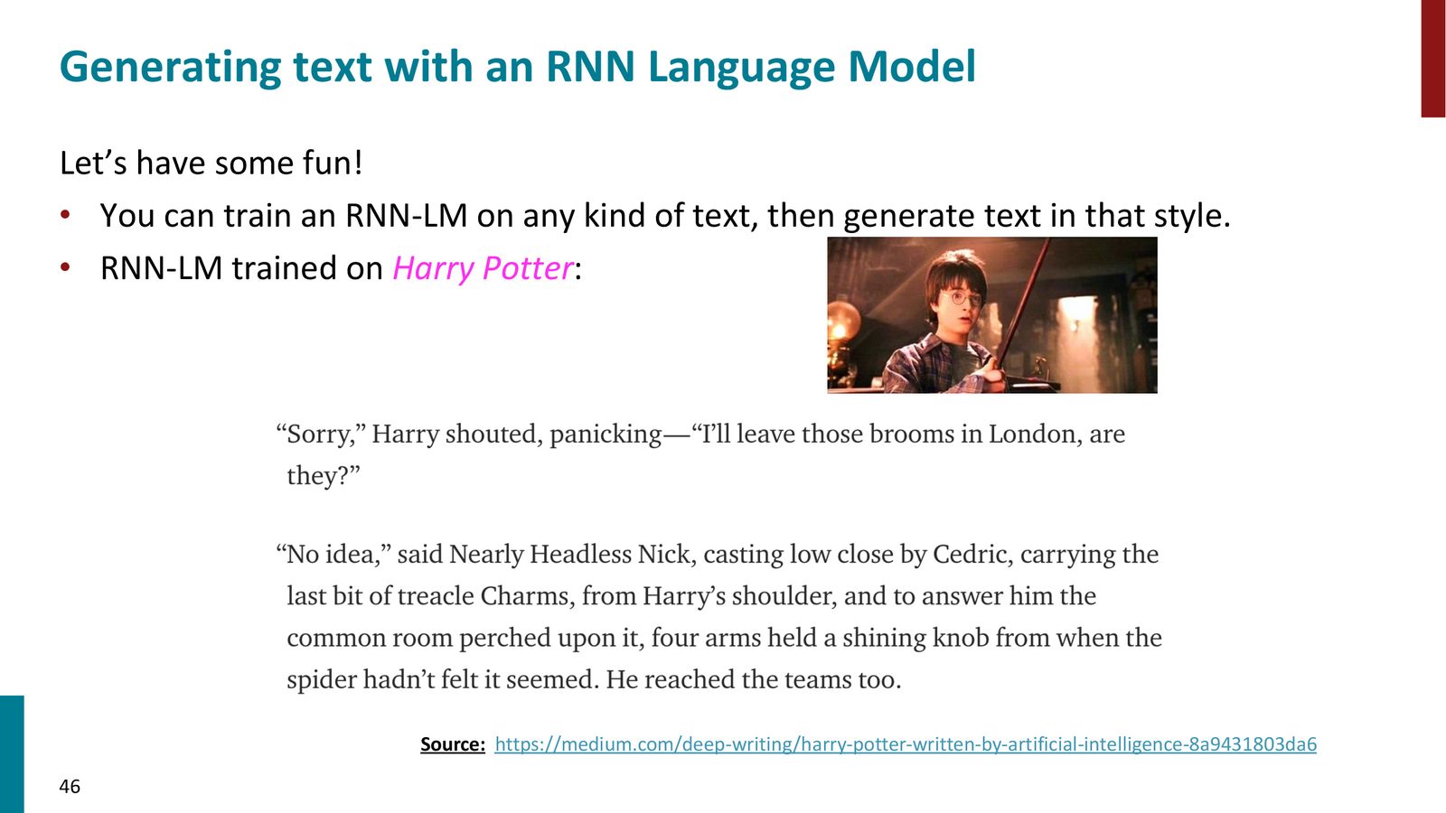 RNN 在 Harry Potter 语料上训练后的生成结果：能捕捉到人物名称和叙事风格