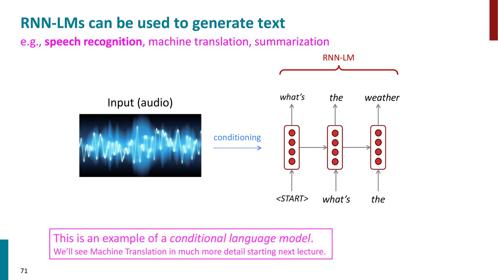 条件语言模型：以音频特征初始化隐藏状态，RNN 生成对应的文字转录。这是语音识别和机器翻译的基础框架