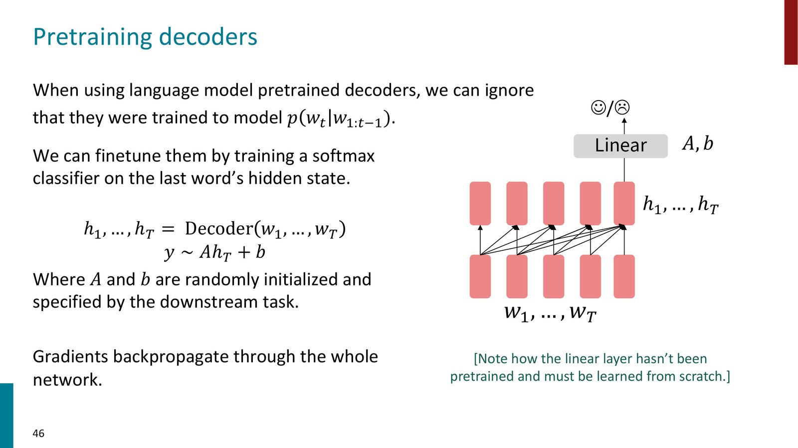 Decoder 预训练与微调：预训练时用语言建模目标；微调时取最后一个 token 的隐状态接线性分类器，梯度反传整个网络