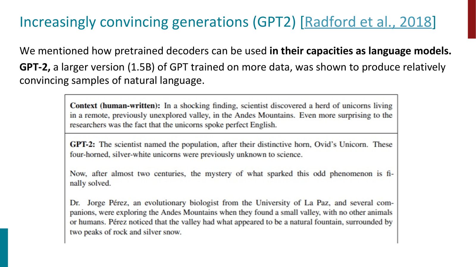 GPT-2 的生成示例：给定一段关于“科学家发现独角兽”的 prompt（人类编写），GPT-2 生成了一段高度连贯且富有创意的续写