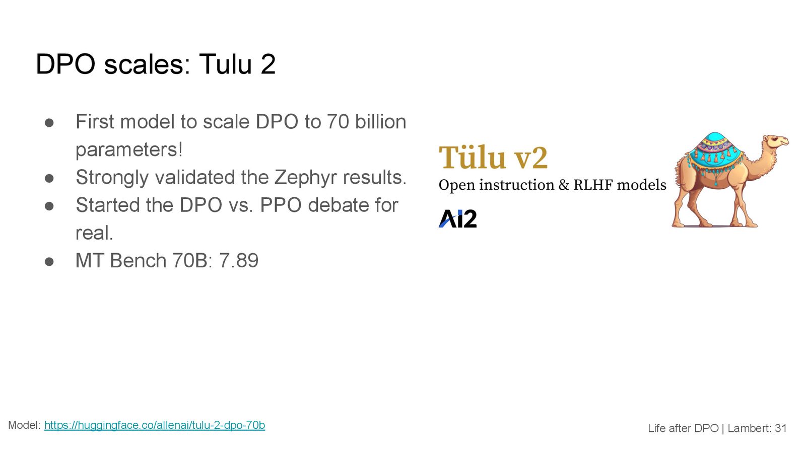 T\"ulu 2:第一个将 DPO 扩展到 70B 参数的模型