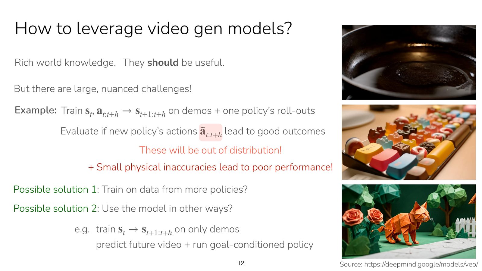 讲者把 video generation / world model 放进方法前沿中讨论:它们提供了丰富先验,但在策略分布外使用时又会因为物理误差和分布外动作而失真。