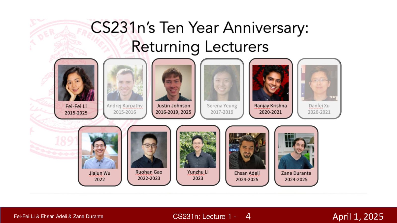 CS231N 十年历程：2015–2025 年间历届讲师阵容，包括 Andrej Karpathy、Justin Johnson、Serena Yeung 等