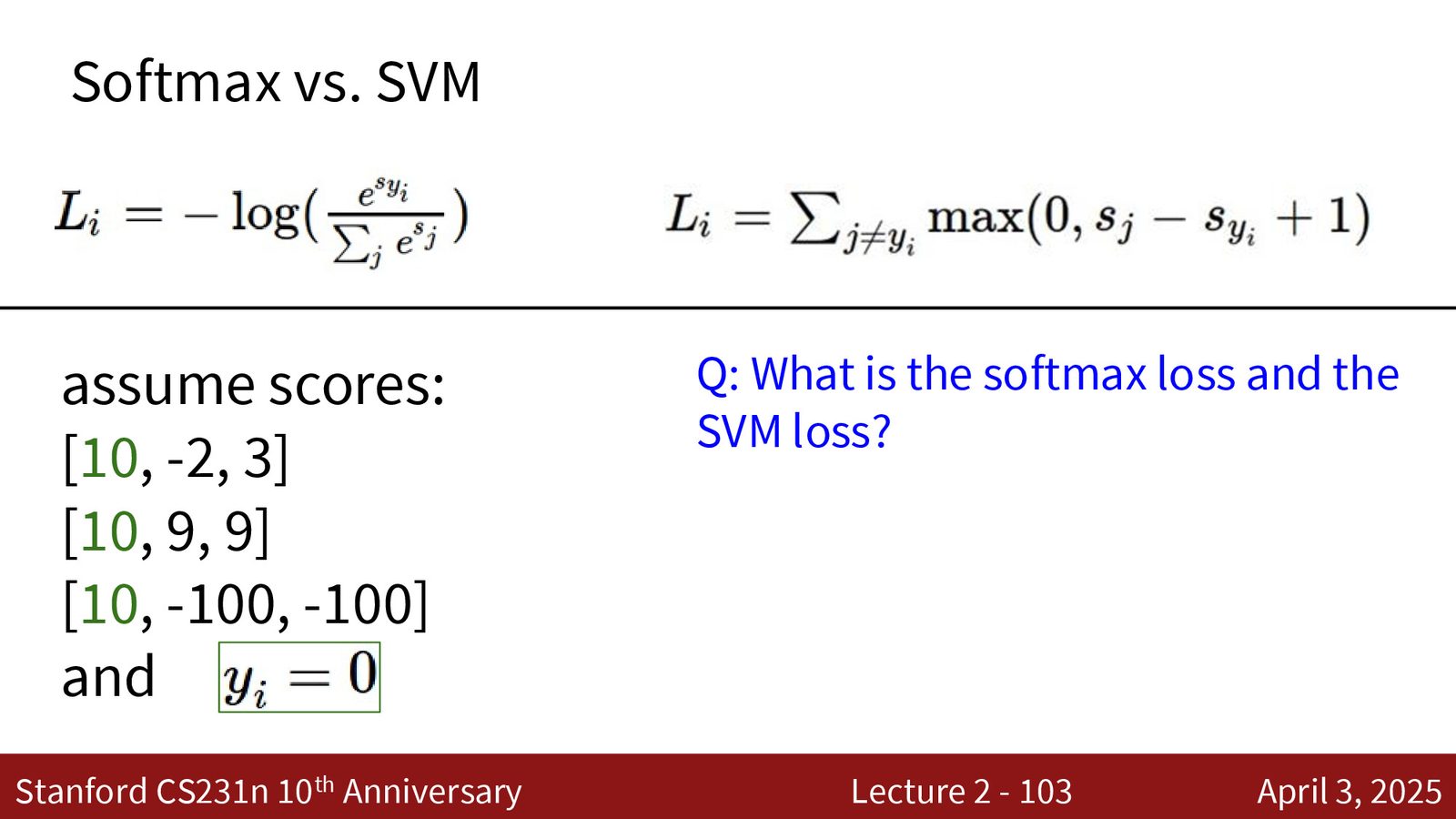 Softmax vs SVM 损失对比：给定相同分数，两种损失的行为差异