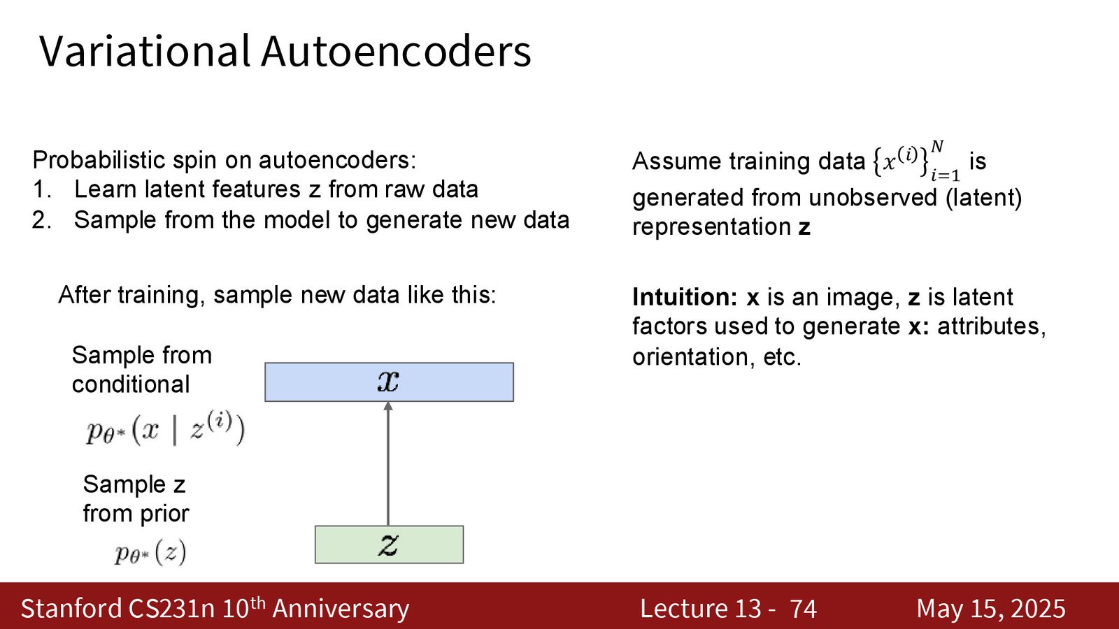 VAE vs GAN：VAE 有 latent vectors 和密度估计但样本模糊；GAN 样本清晰但训练困难