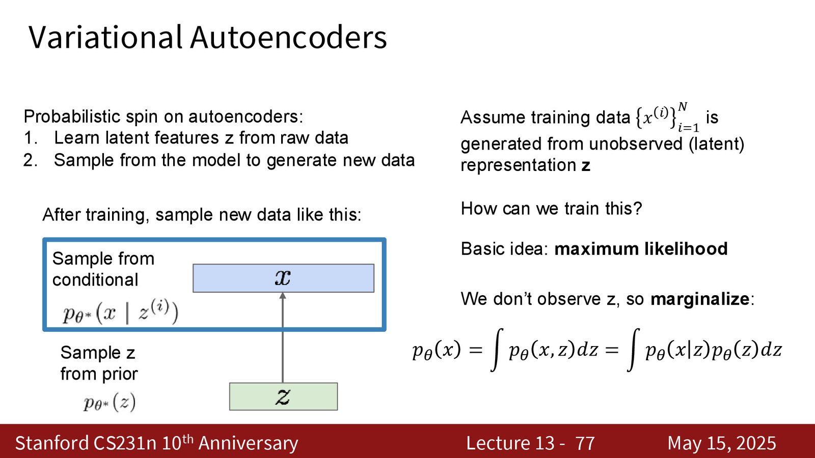 Lecture 13 总结：覆盖了生成模型家族树的一半——显式密度（自回归、VAE）和直接隐式密度（GAN）