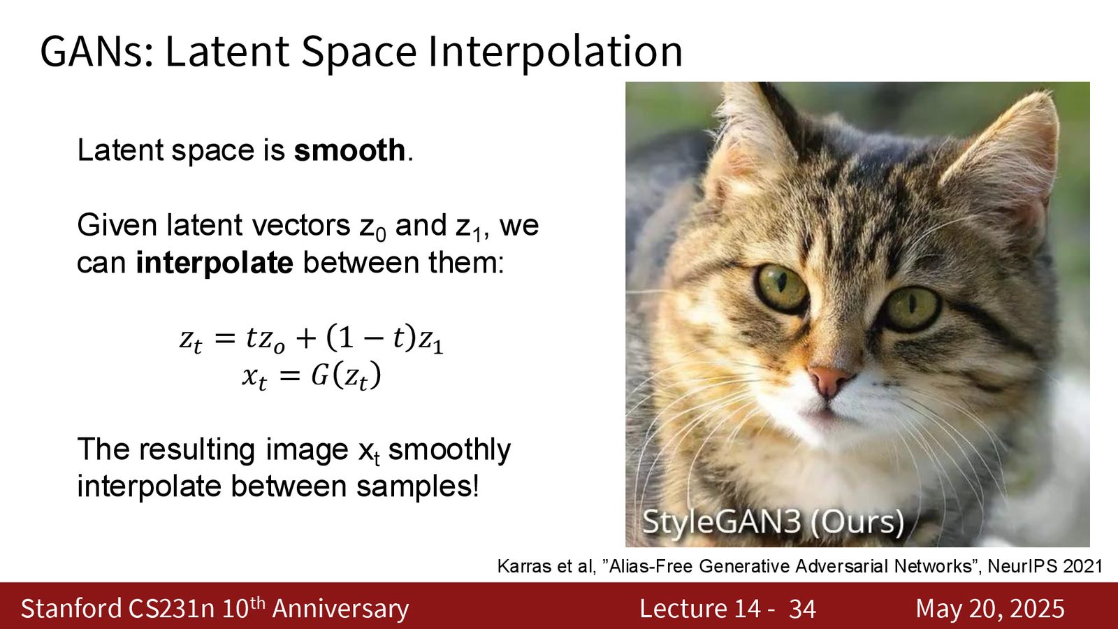 GAN 的 latent interpolation：在潜空间中平滑插值，输出图像也通常会平滑过渡