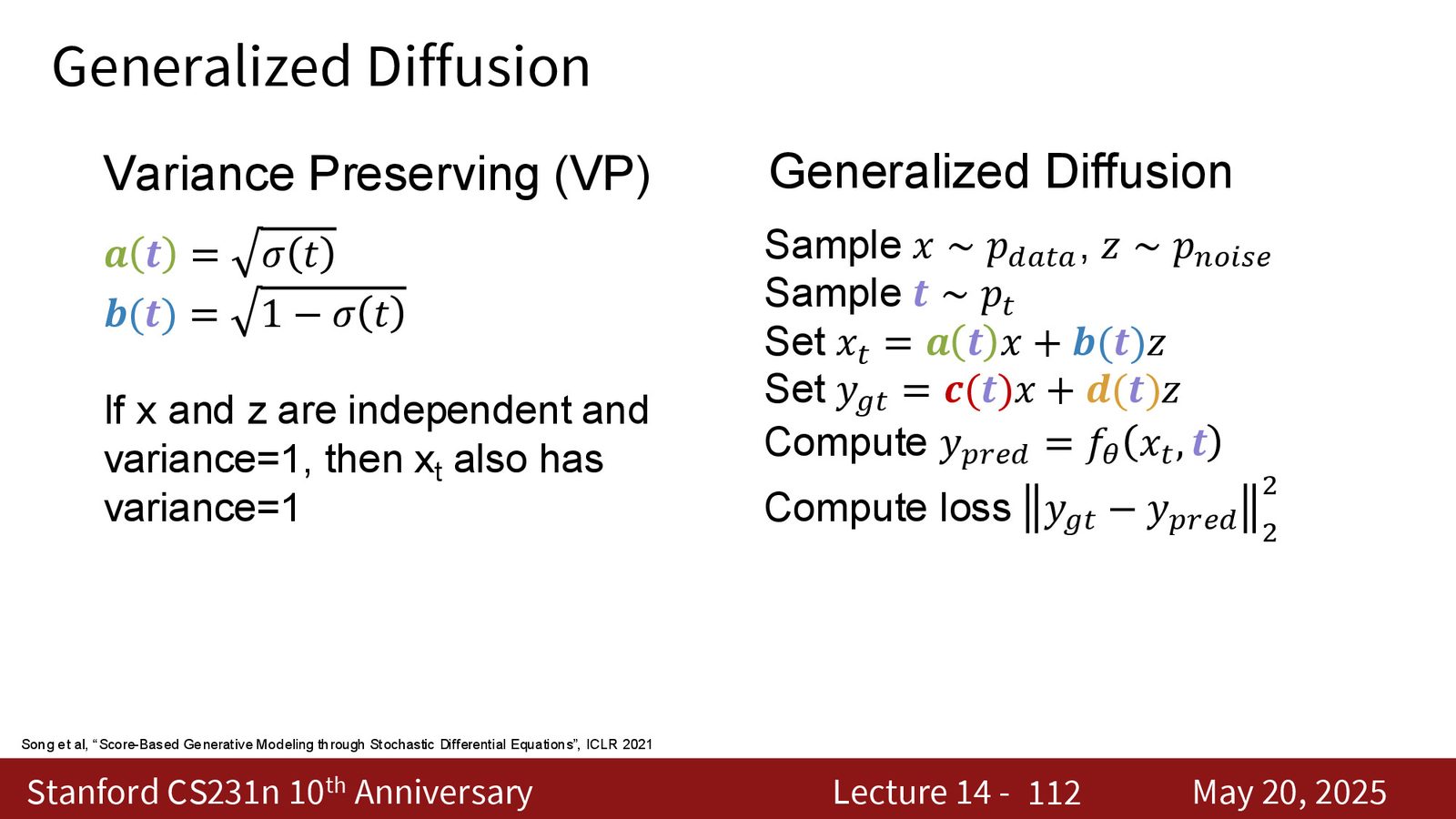 Variance preserving (VP) 的思路：保持中间态的方差结构更稳定
