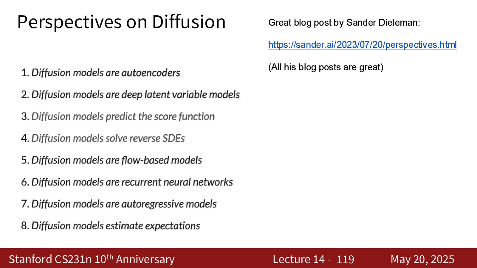 一个很好的外部阅读线索：Sander Dieleman 关于 diffusion 视角的总结博客