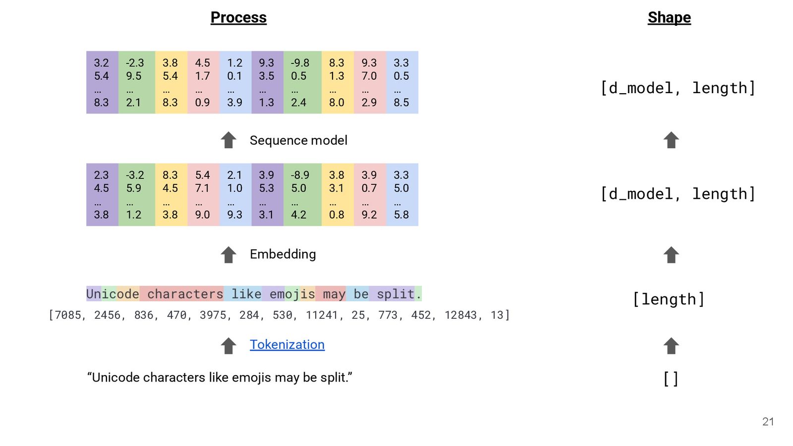 Slide 20 细化 tokenization 后的 process 以及多维向量（[d_model, length]）的分布。