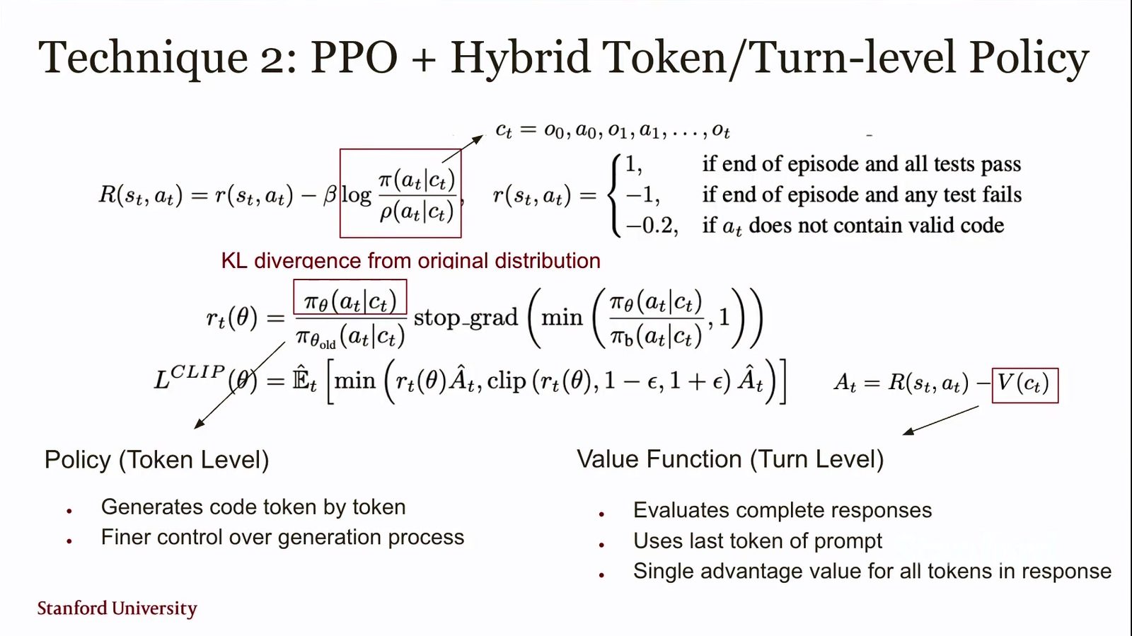 PPO 同时处理 token 生成与多轮执行反馈。
