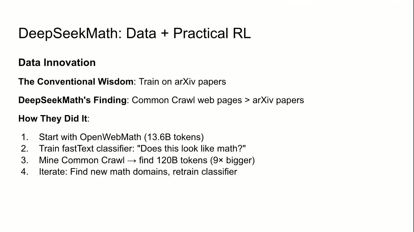 高质量数学网页数据与 practical RL 构成方法主线。