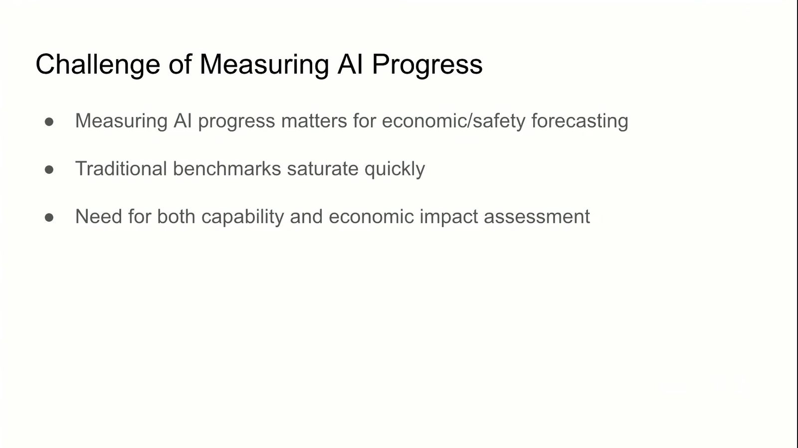 评估 AI 进步需要同时考虑任务复杂度、可靠性和经济价值，传统 benchmark 很快饱和。