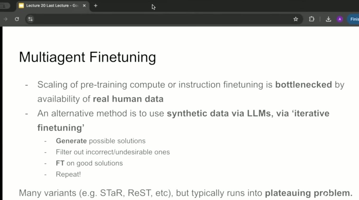 Multi-Agent Fine-Tuning 用多个 generation agent 与 critic agent 产生、讨论并筛选 synthetic reasoning data。