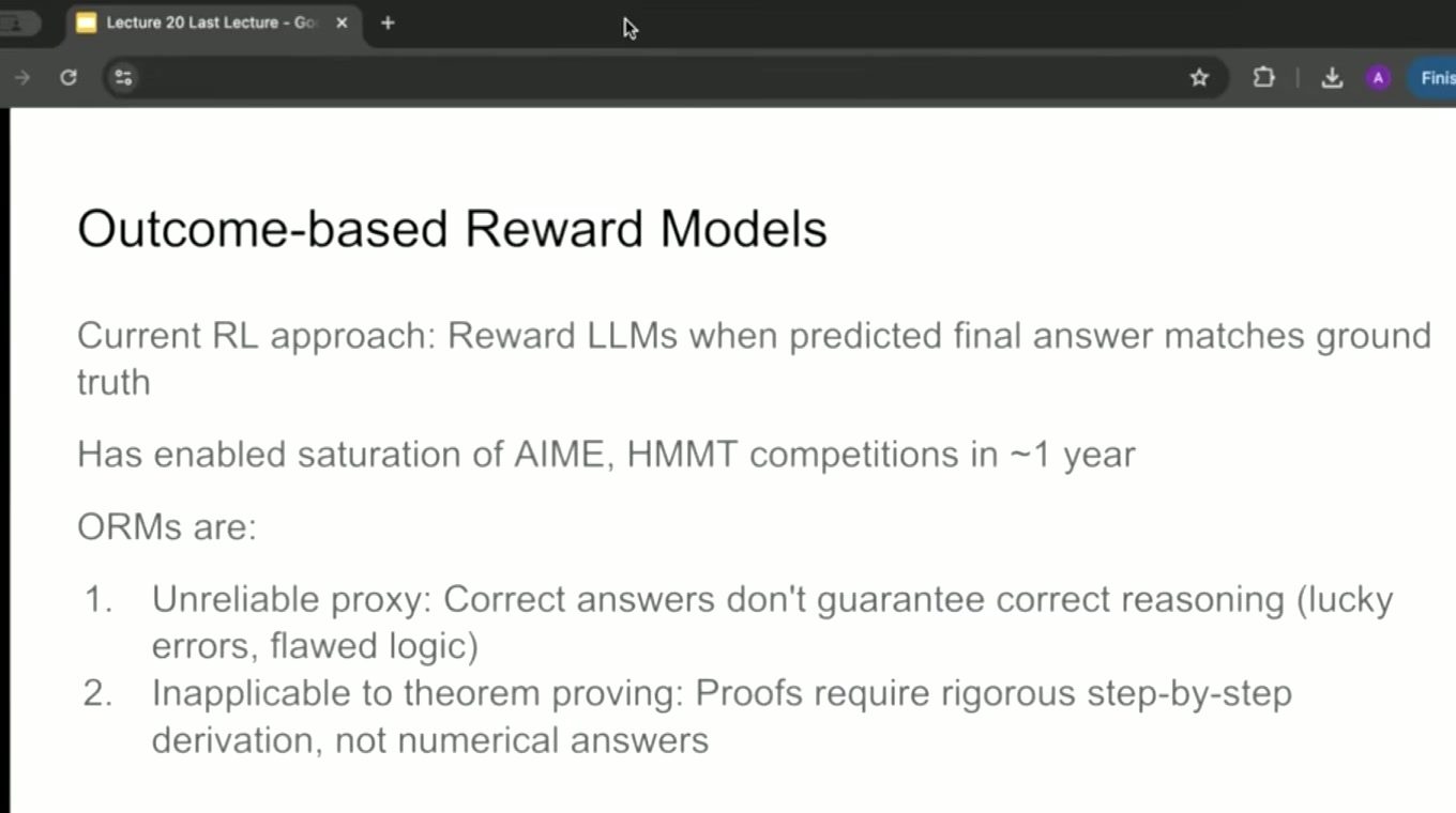 Outcome reward 只检查最终答案，无法判断中间证明是否存在跳步、循环论证或幸运猜中。