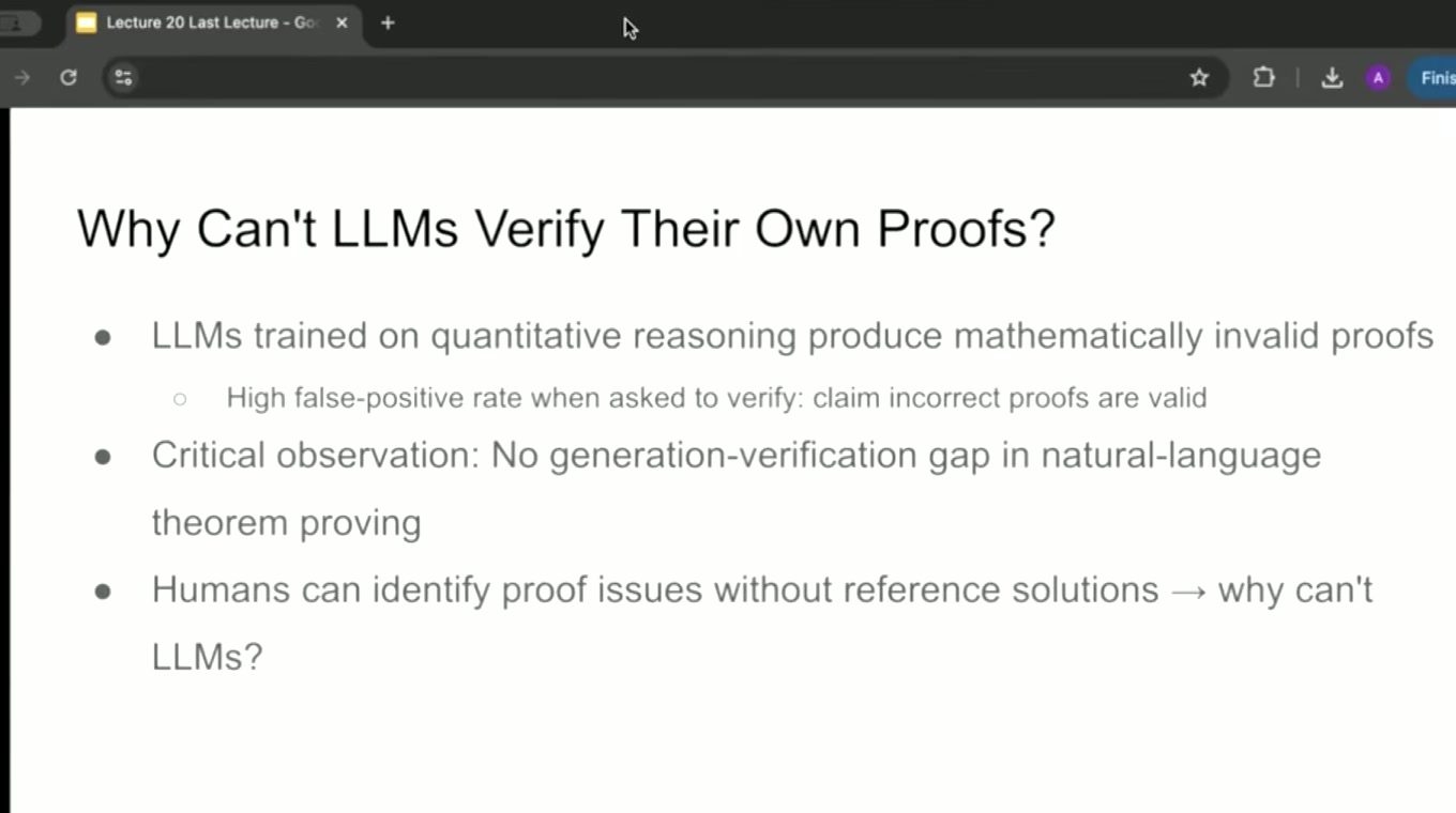LLM 可生成形式流畅但数学无效的证明，而没有参考解时，普通 judge 也难稳定定位问题。