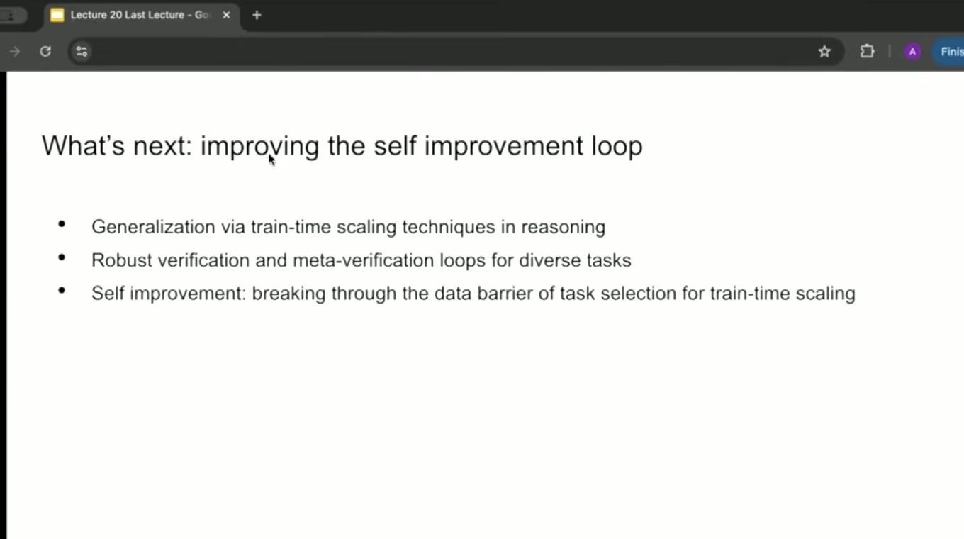 未来自我改进需要更强的跨域泛化、robust/meta verification，以及自动选择 train-time scaling 数据。
