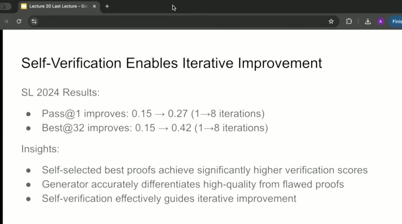 自选高 verifier score 的证明用于下一轮训练，形成 generator 与 verifier 共同爬坡。