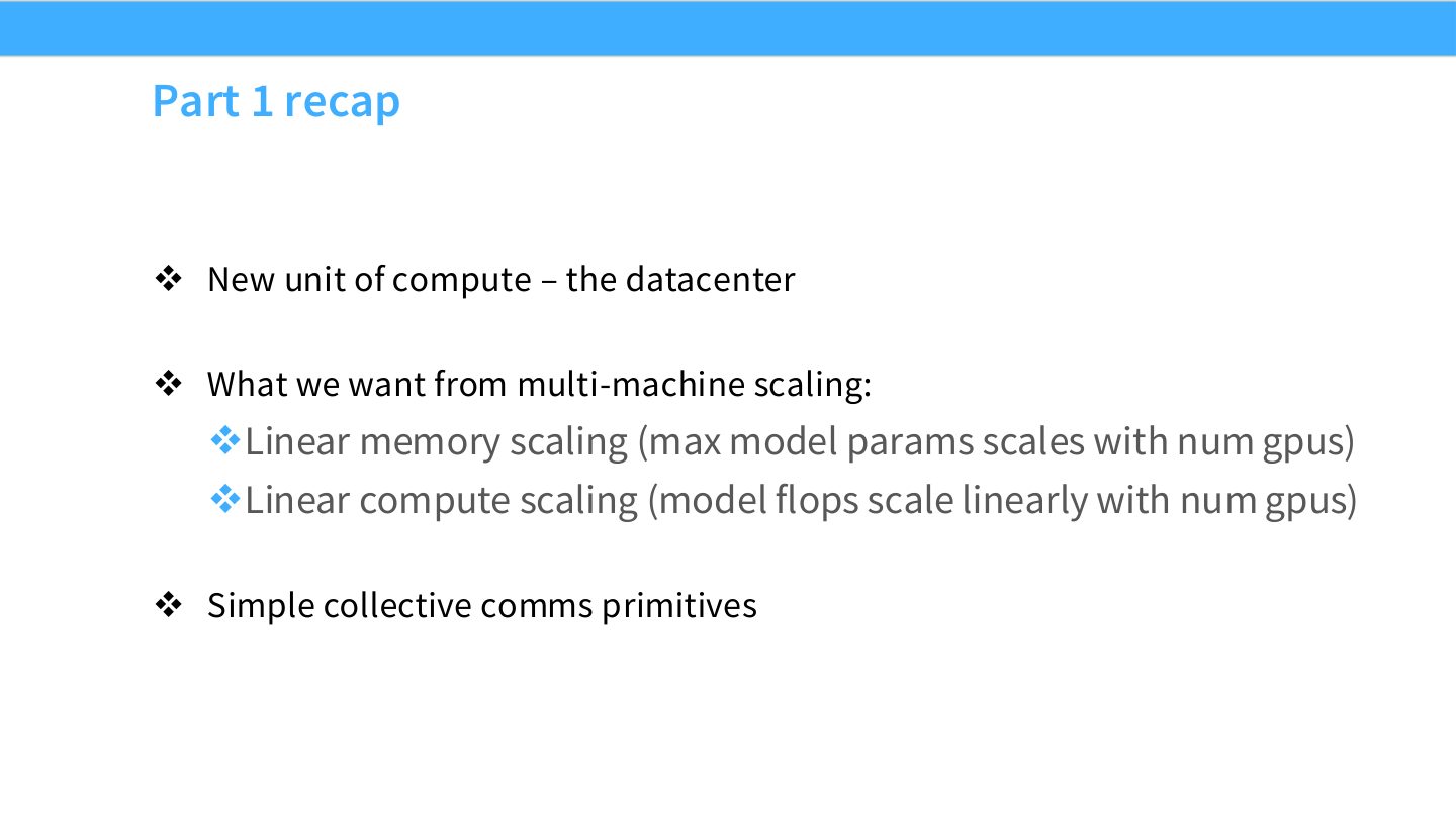 Slide 13:Part 1 recap,把 datacenter 看作新的 compute unit,并追求线性 memory/compute scaling。