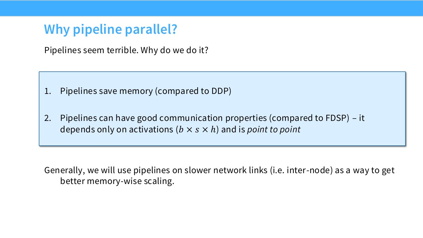 Slide 35:为什么仍使用 pipeline parallel,原因是省显存且通信对象只是 activation。