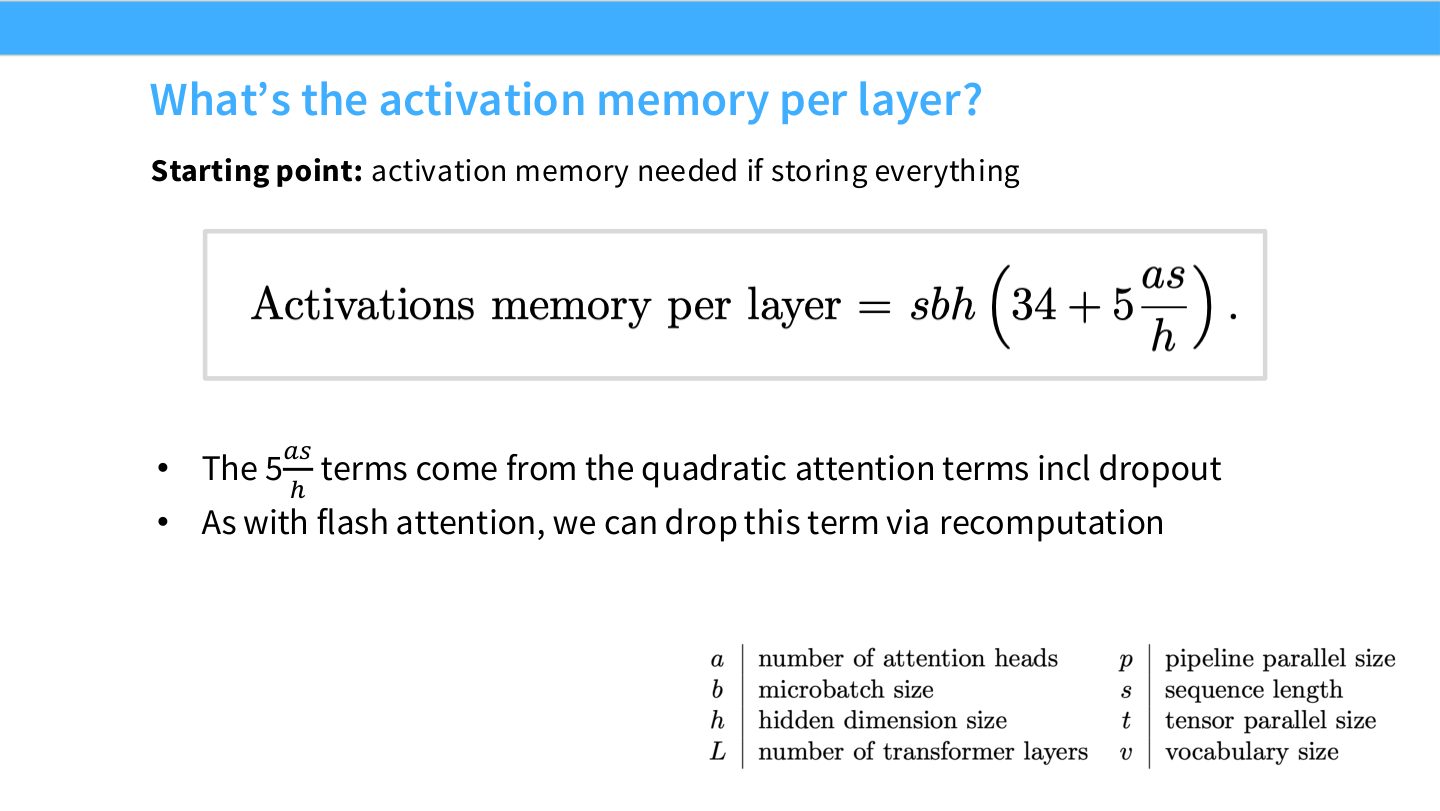 Slide 46:每层 activation memory 的分解,包含 attention 的二次项和若干 \(sbh\) 项。