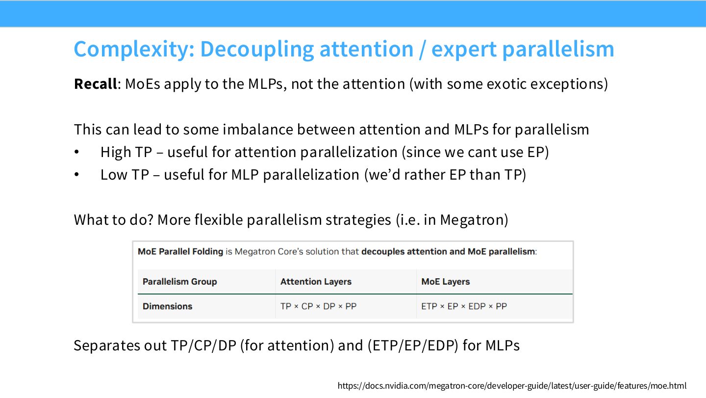 Slide 53:MoE 主要作用于 MLP,不作用于 attention,因此 attention/expert parallelism 可能需要解耦。
