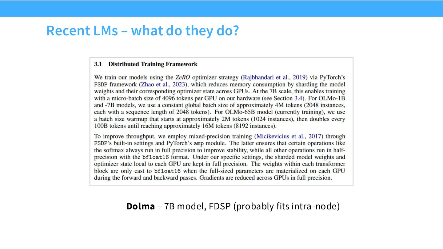 Slide 63:Recent LMs 的导入,Dolma 7B 可能用 FSDP 即可。