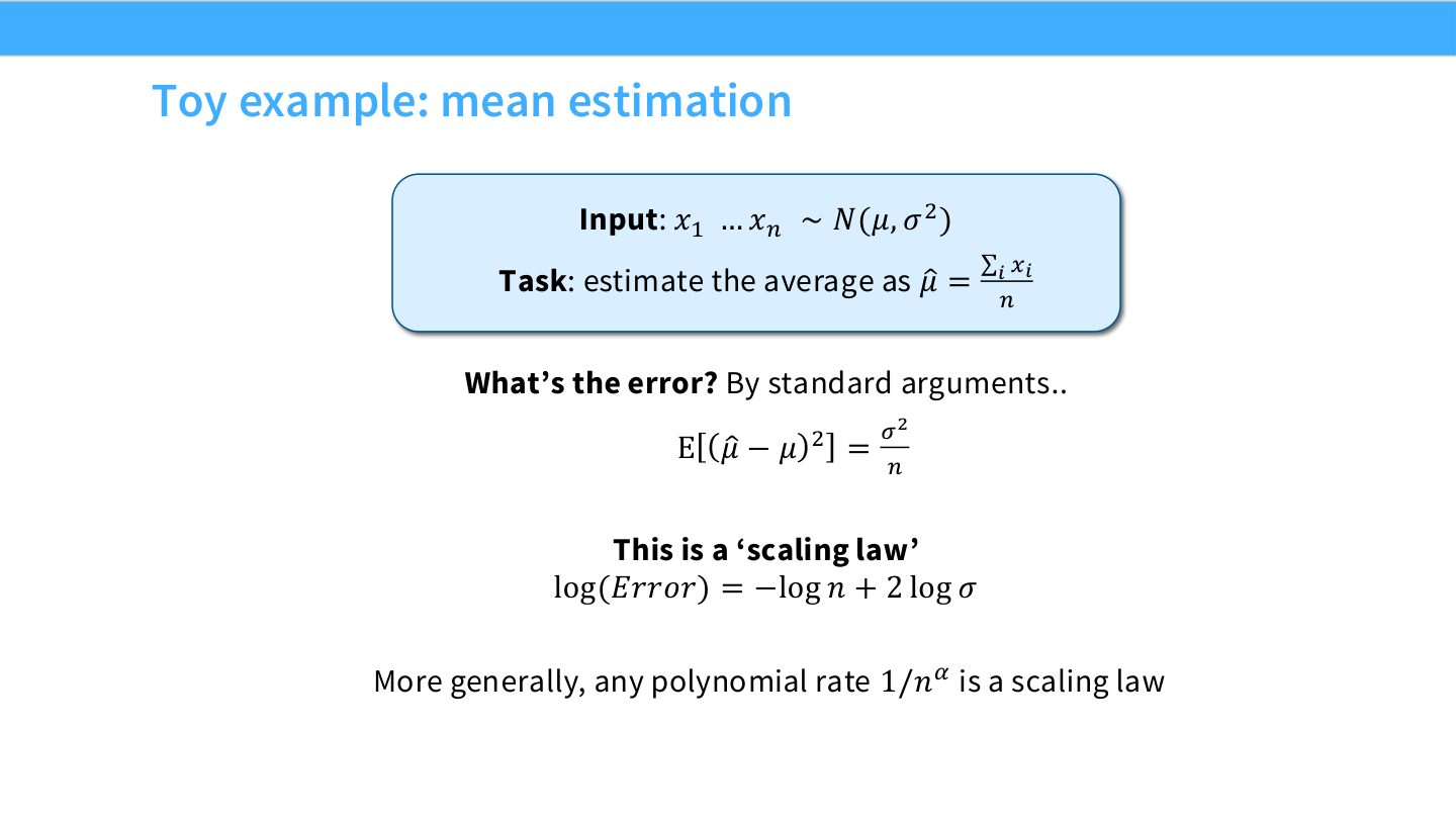 Slide 17：mean estimation toy example，误差 \([(-)^2]=σ^2/n\) 是最简单 scaling law。