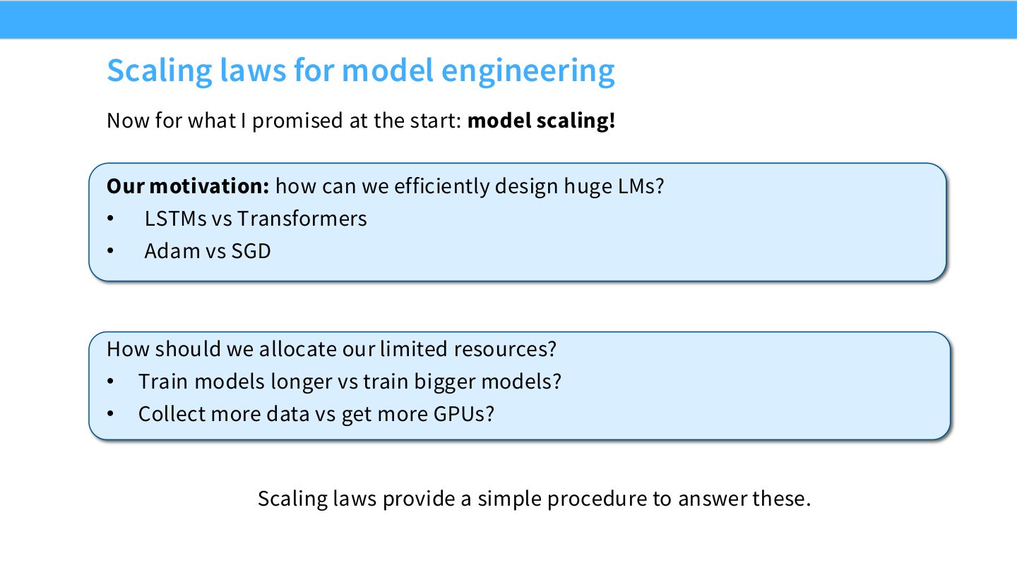 Slide 28:从 data scaling 转向 model scaling,用 scaling laws 设计巨大 LMs。