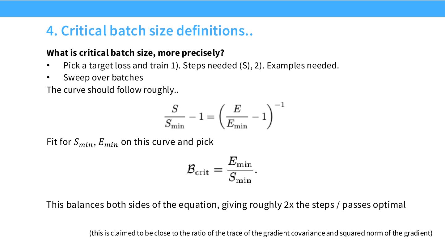 Slide 38:critical batch size 的更精确定义,固定 target loss 后扫 batch,拟合 steps 和 examples 曲线。