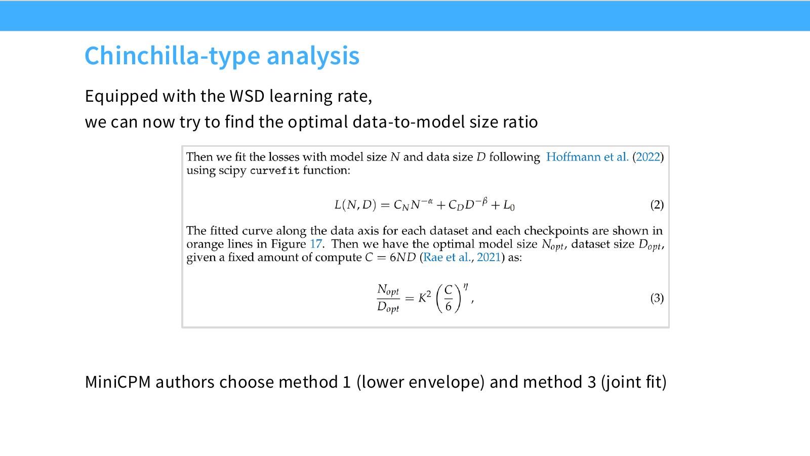 Slide 16:借助 WSD,MiniCPM 尝试寻找最优 data-to-model size ratio,使用 method 1 和 method 3。