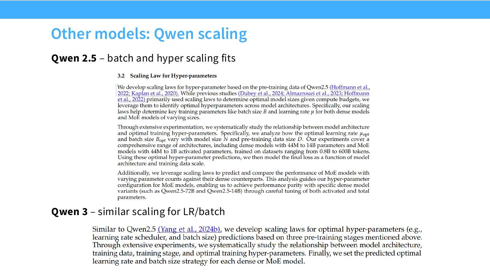 Slide 25:Qwen scaling,包括 Qwen 2.5 的 batch/hyper scaling fits 和 Qwen 3 的 LR/batch scaling。
