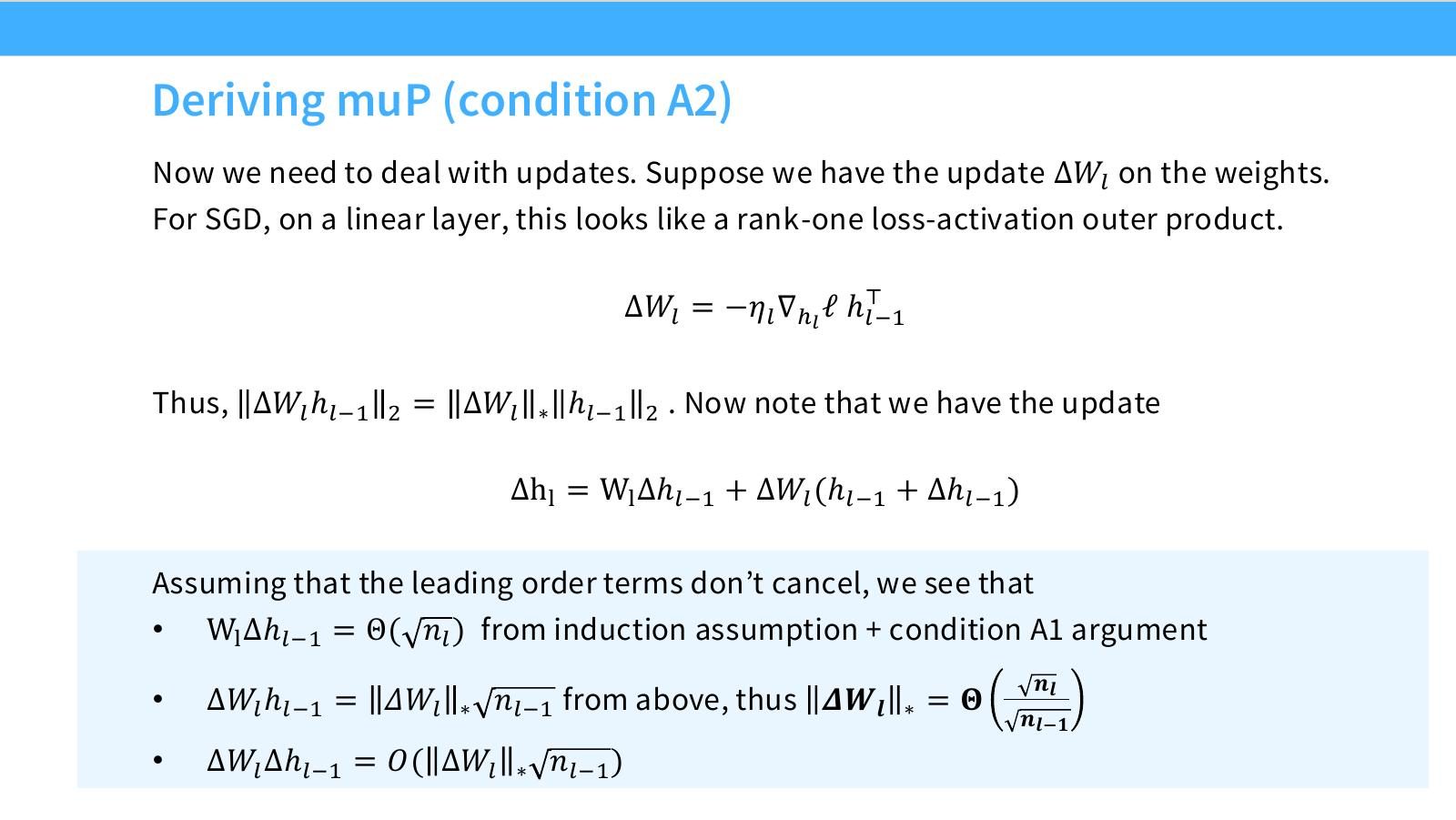 Slide 48:推导 muP 条件 A2,线性层 SGD 更新形如 loss-gradient 与 previous activation 的 outer product。