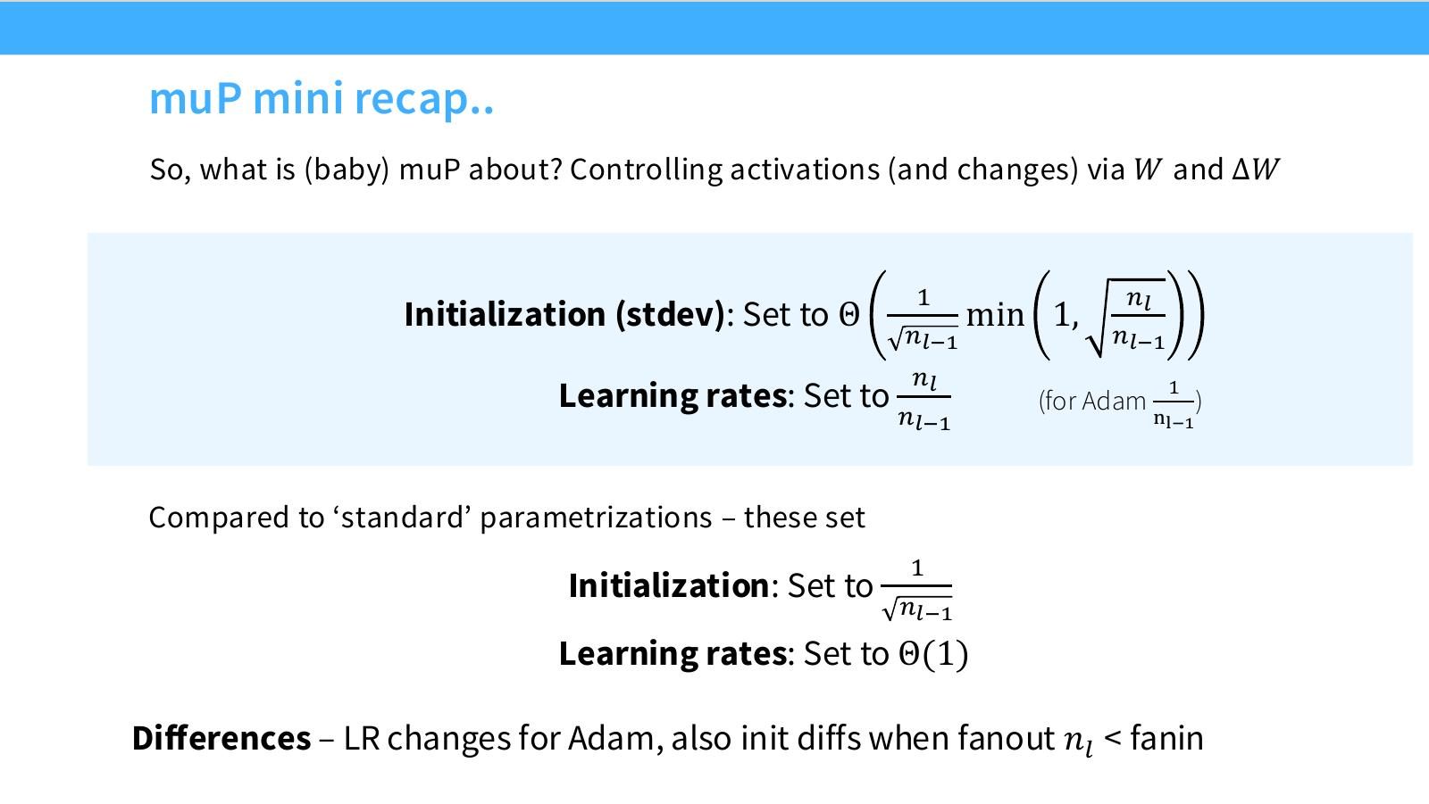 Slide 50:muP mini recap:通过 \(W\) 和 \( W\) 控制 activations 与 changes;给出初始化和 Adam LR 规则。