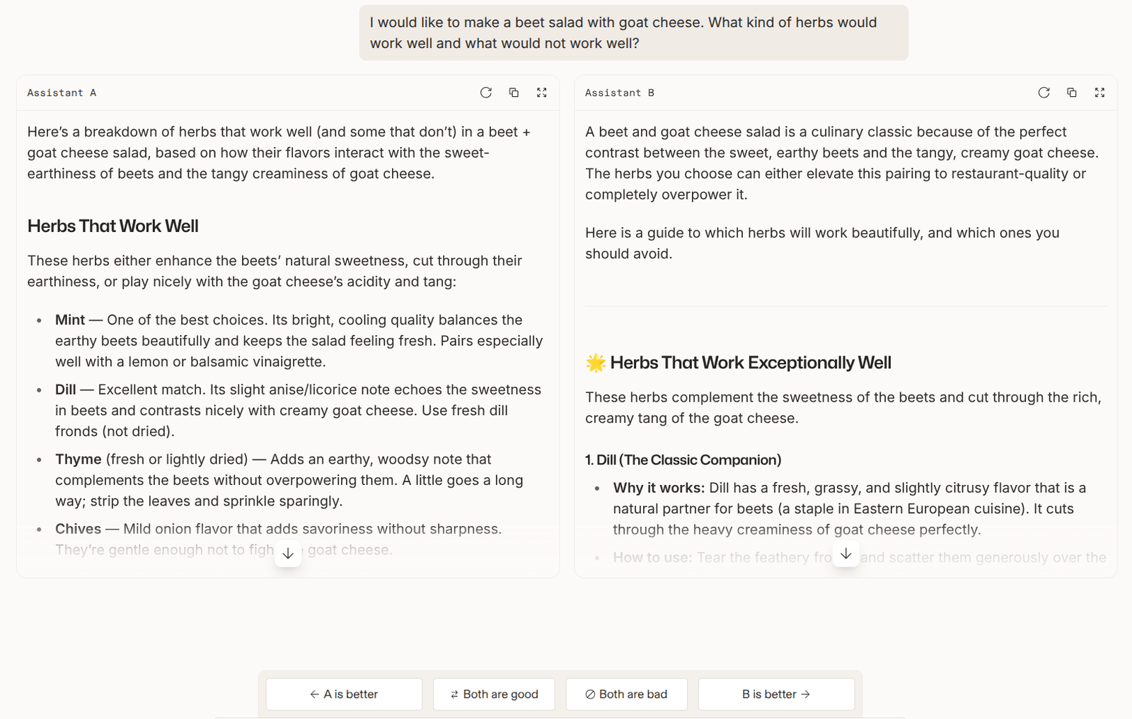 Chatbot Arena 示例:开放式 beet salad prompt,两模型匿名回答,由用户选择更好者。
