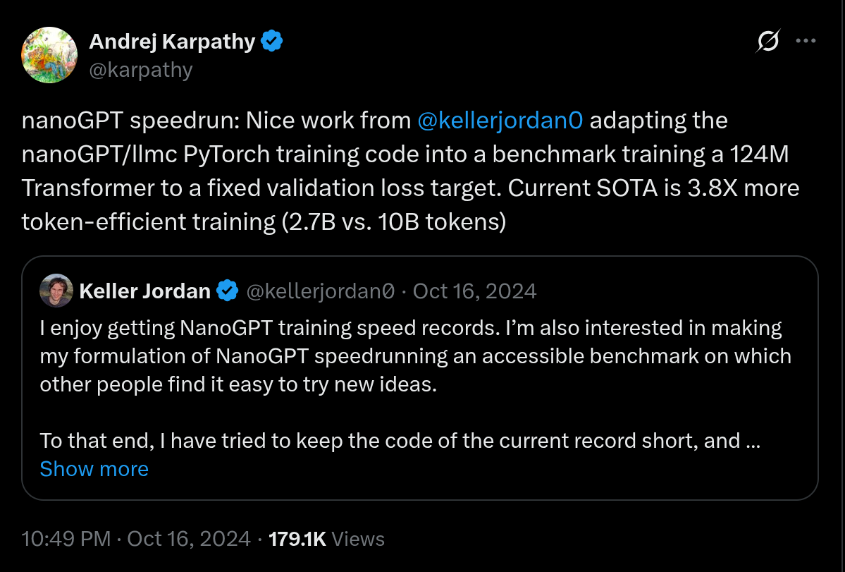 nanoGPT speedrun:少数仍在评价 method 的例子,固定数据和目标 validation loss,比较 compute time。