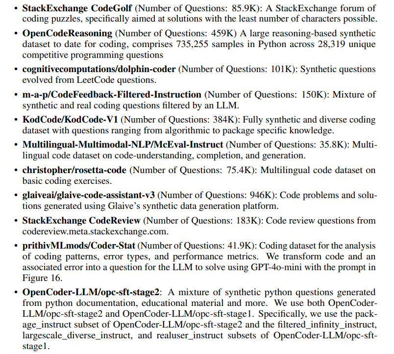 OpenThoughts 的题目来源覆盖数学、代码、科学与推理数据。