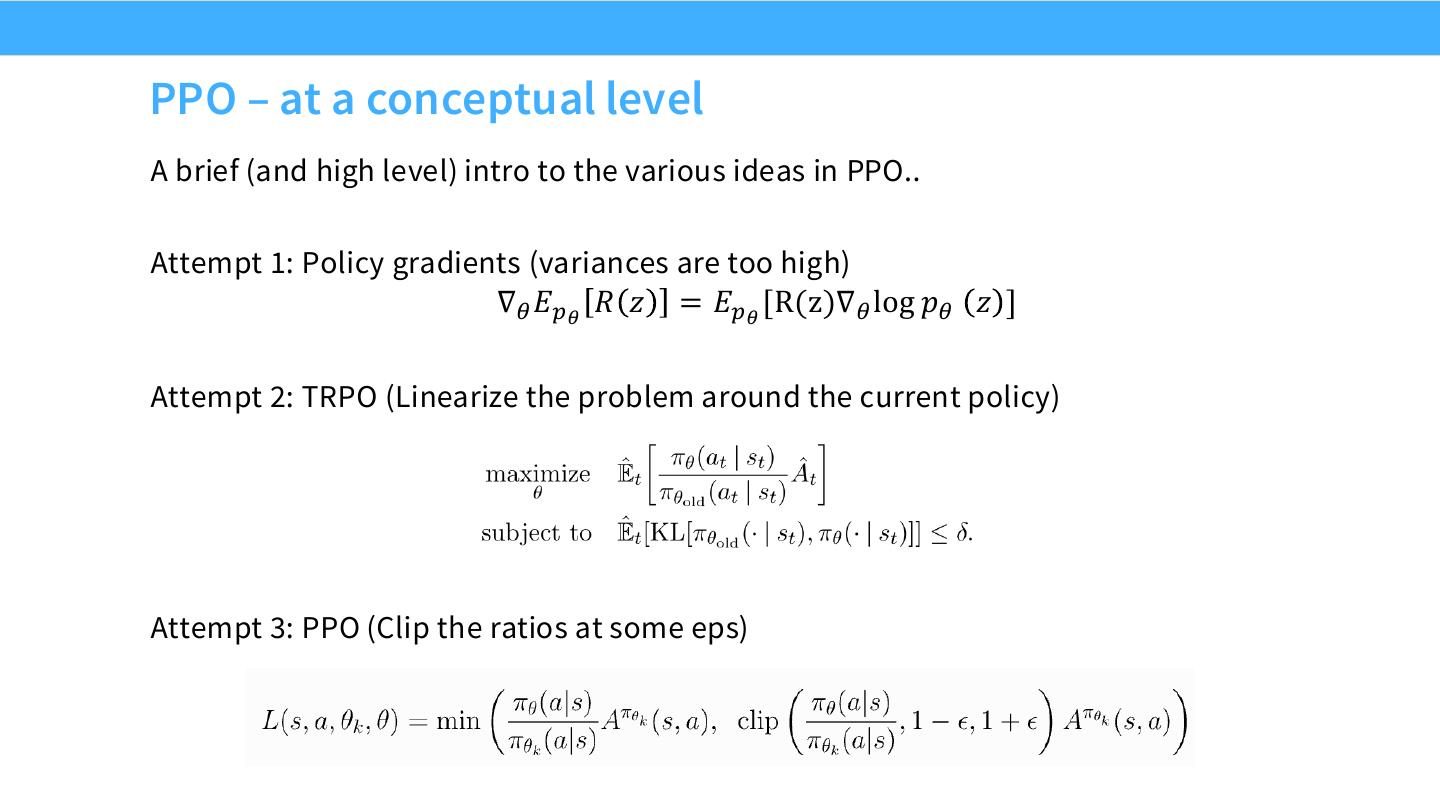 PPO 的概念演化：policy gradient、TRPO 到 clipped surrogate objective。