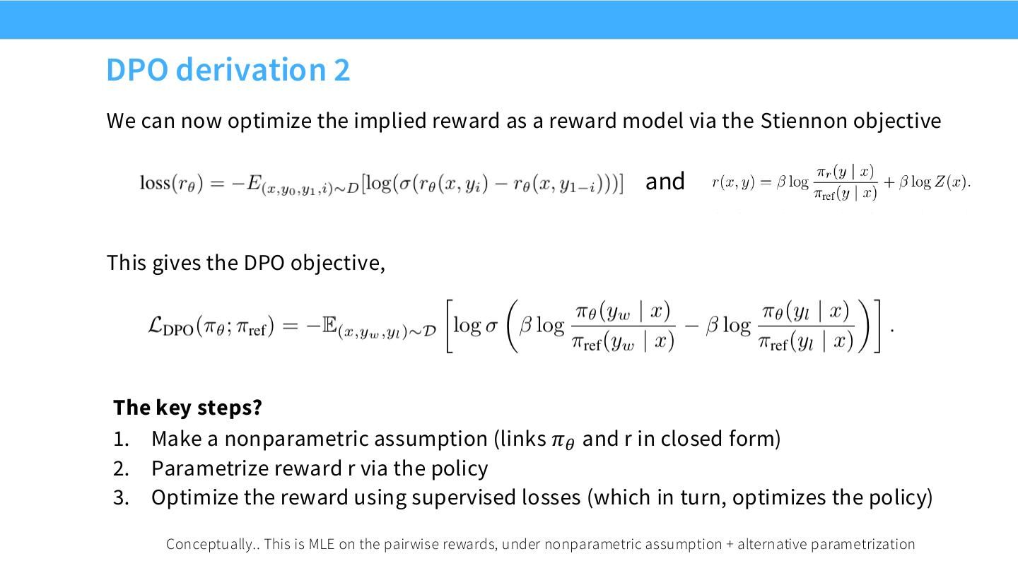 DPO derivation：把 implied reward 代入 pairwise likelihood。